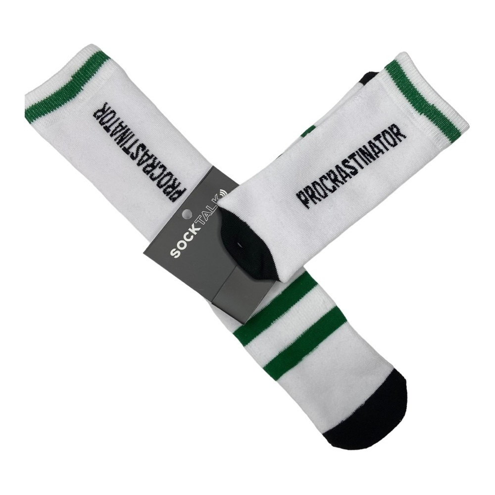 Sock Talk PROCRASTINATOR White Green Stripes Crew Socks Shoe Size 7-12 NWT
